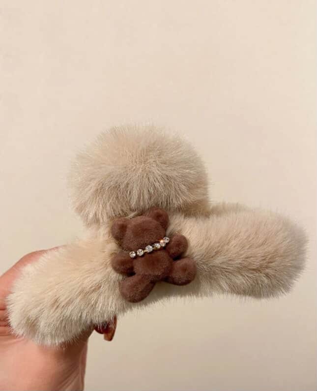 New Cute Flocked Small Bear Fuzzy Hair Clip, Elegant Headwear Hair Accessory For Women, Autumn/Winter