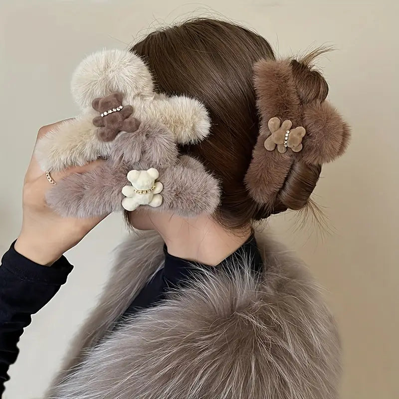 New Cute Flocked Small Bear Fuzzy Hair Clip, Elegant Headwear Hair Accessory For Women, Autumn/Winter